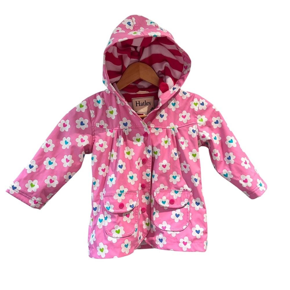 Hatley Pink Floral Heart Terry-Lined Rain Jacket Size 3